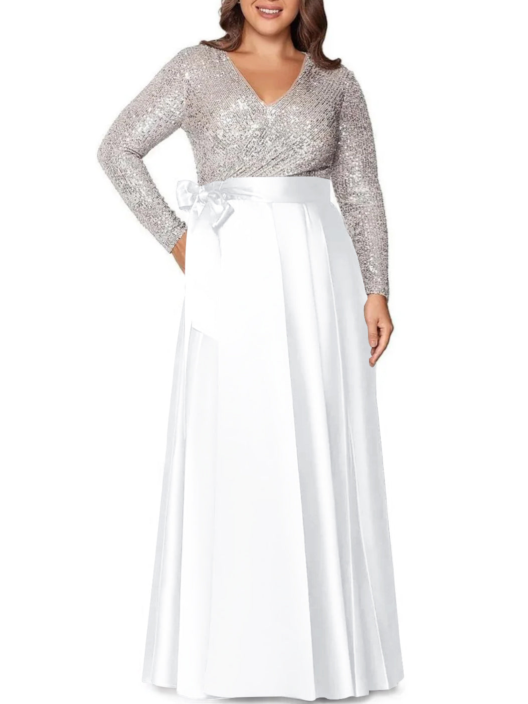 V-Neck A-Line Princess Floor-Length Plus Size Mother of the Bride Dress With Long Sleeves and Sequined Pocket-BMbridal.UK