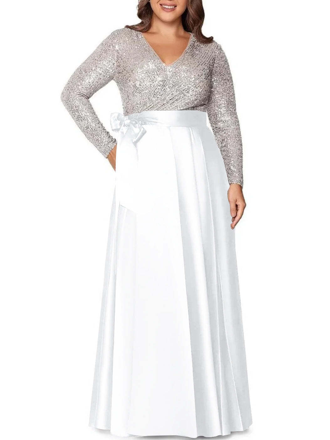 V-Neck A-Line Princess Floor-Length Plus Size Mother of the Bride Dress With Long Sleeves and Sequined Pocket-BMbridal.UK