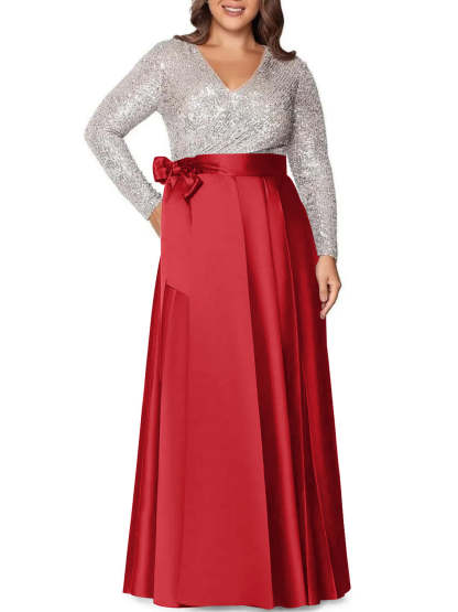 V-Neck A-Line Princess Floor-Length Plus Size Mother of the Bride Dress With Long Sleeves and Sequined Pocket-BMbridal.UK