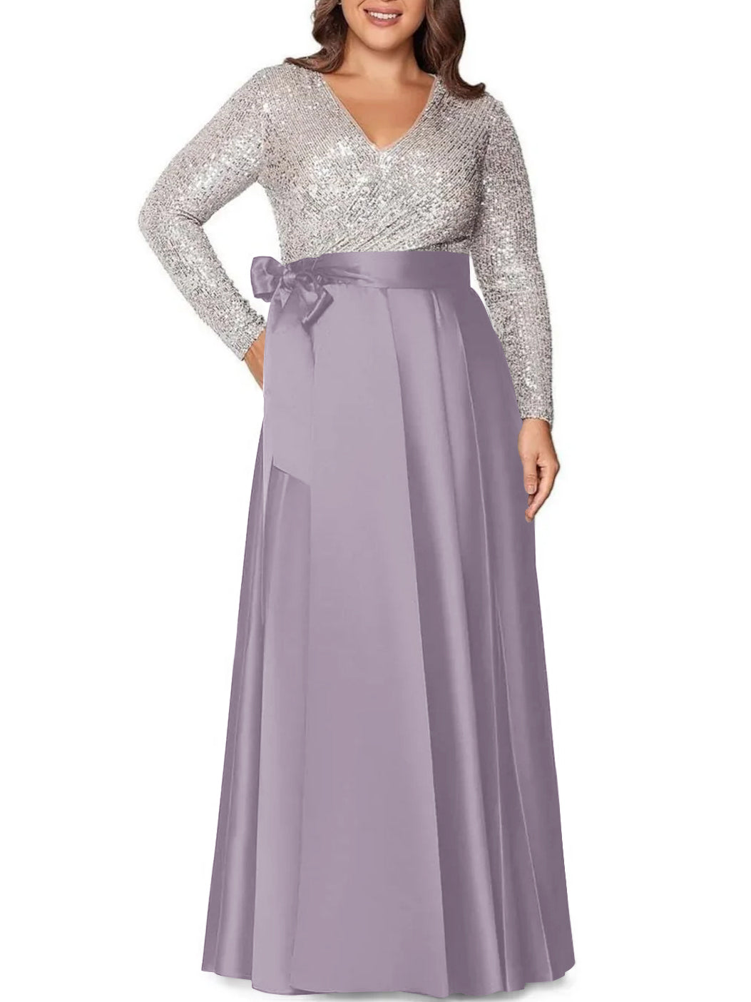V-Neck A-Line Princess Floor-Length Plus Size Mother of the Bride Dress With Long Sleeves and Sequined Pocket-BMbridal.UK