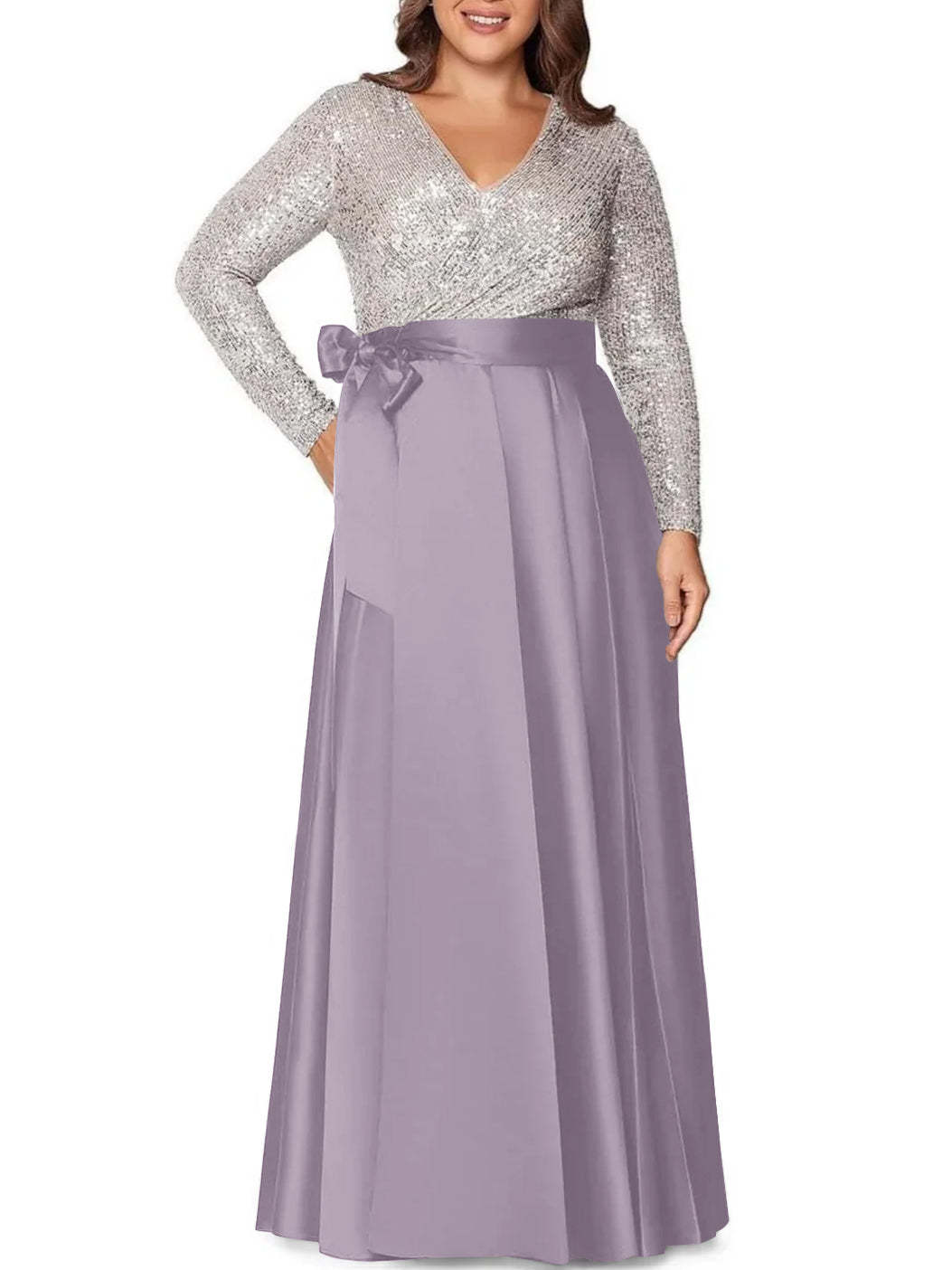 V-Neck A-Line Princess Floor-Length Plus Size Mother of the Bride Dress With Long Sleeves and Sequined Pocket-BMbridal.UK
