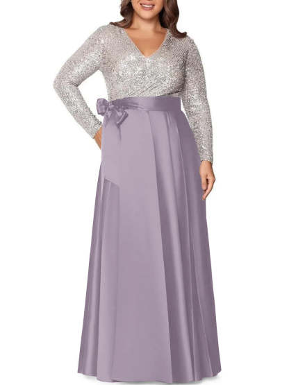 V-Neck A-Line Princess Floor-Length Plus Size Mother of the Bride Dress With Long Sleeves and Sequined Pocket-BMbridal.UK
