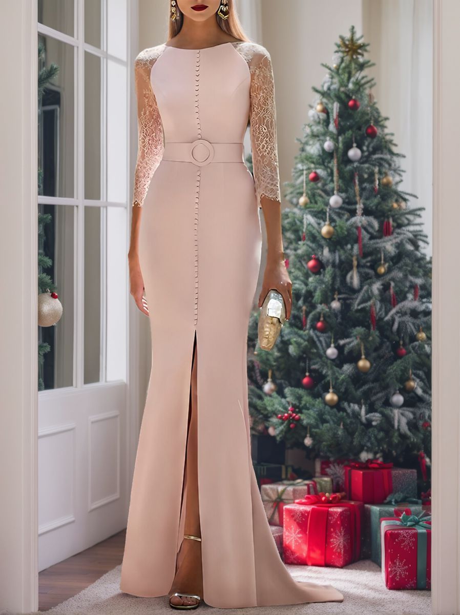 Mother of the Bride 3/4 Sleeve Trumpet/Mermaid Dress with Sash and Sweep/Brush Train