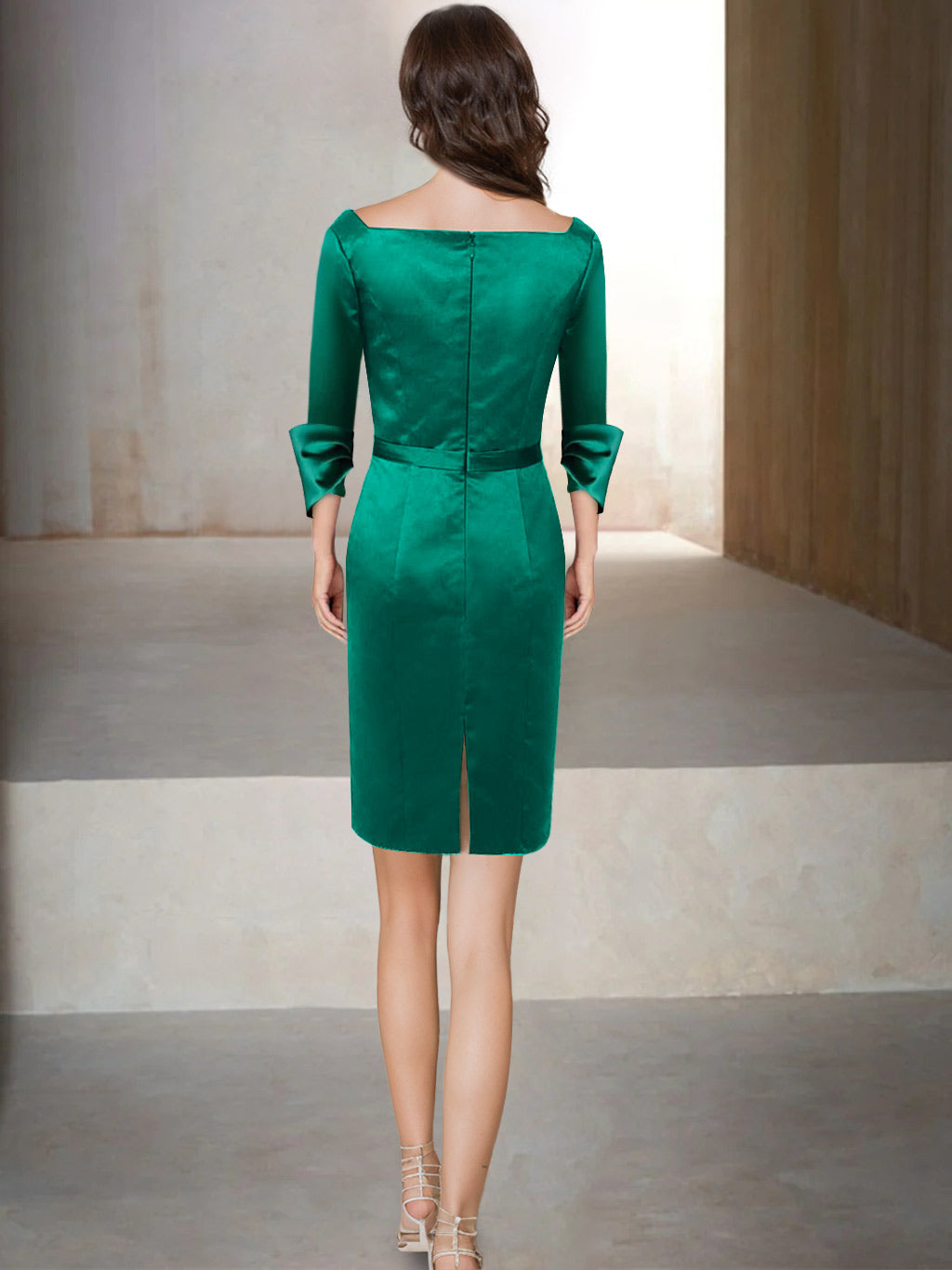 V-Neck 3/4 Sleeve Knee-Length Mother of the Bride Dress with Sash