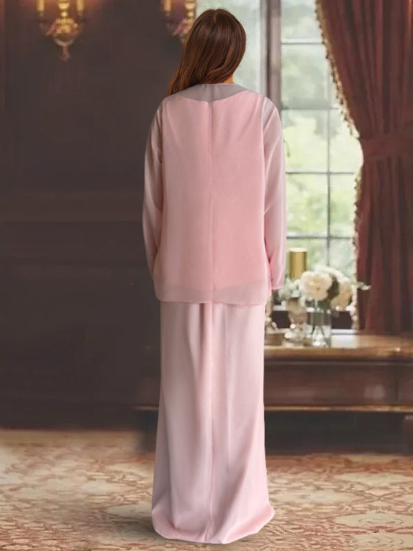 Floor-Length Scoop Neck Sheath Dress with Long Sleeves and Jacket for the Mother of the Bride