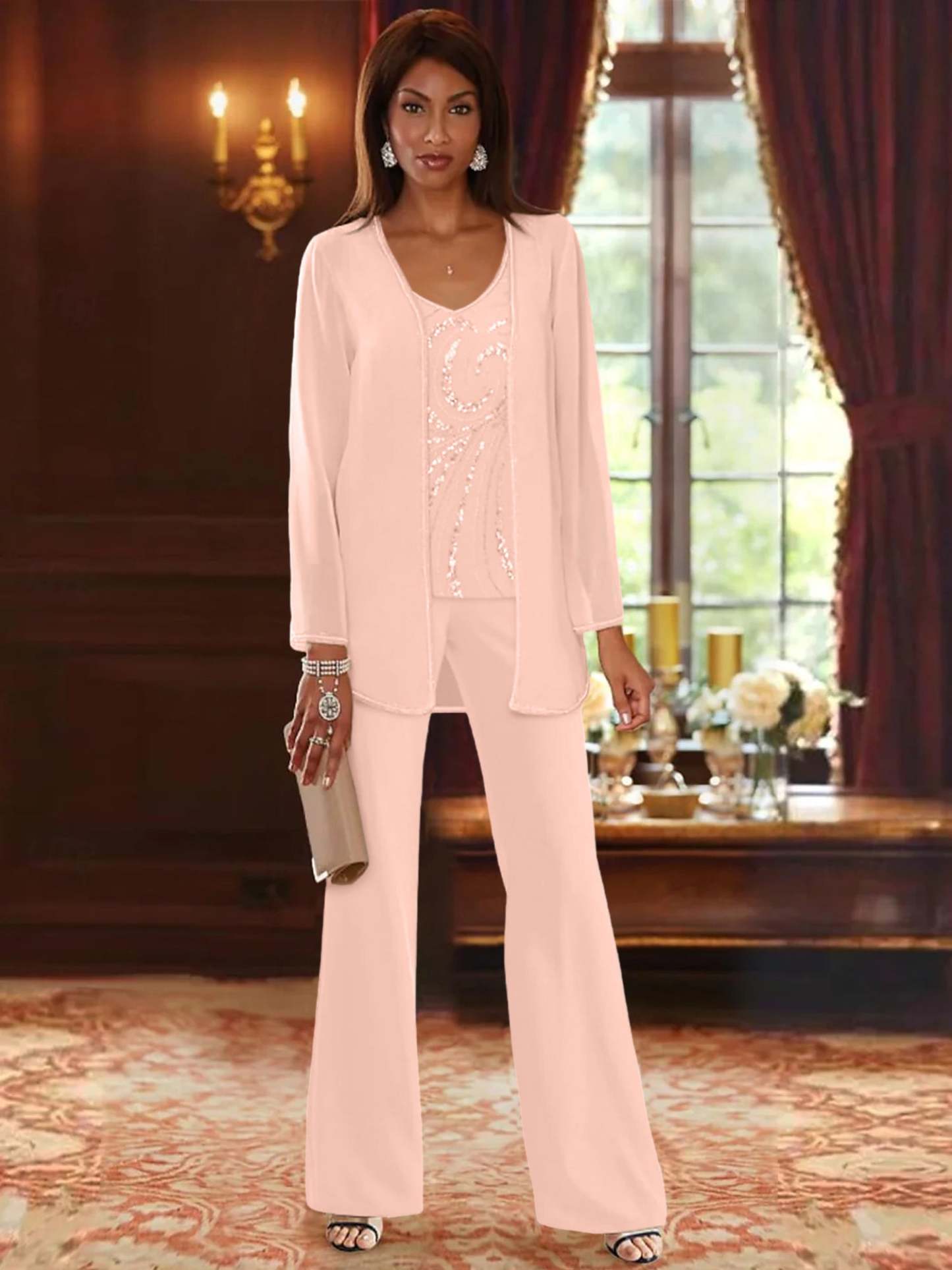 Floor-Length V-Neck Chiffon Pantsuits with Jacket & Sequins for the Mother of the Bride