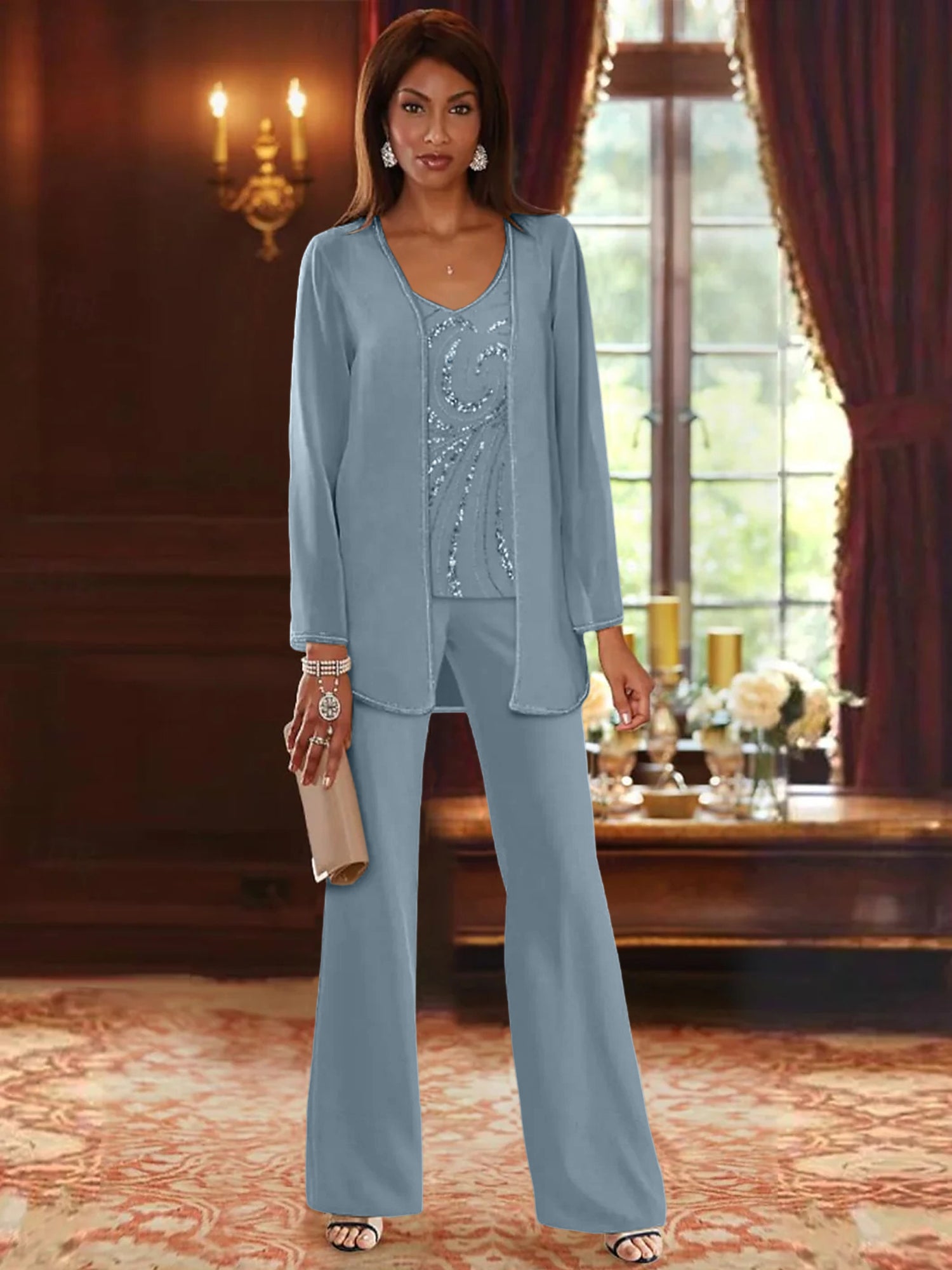 Floor-Length V-Neck Chiffon Pantsuits with Jacket & Sequins for the Mother of the Bride