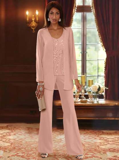 Floor-Length V-Neck Chiffon Pantsuits with Jacket & Sequins for the Mother of the Bride
