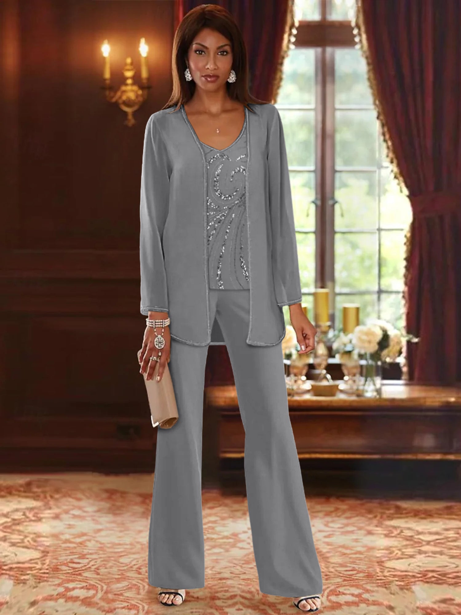 Floor-Length V-Neck Chiffon Pantsuits with Jacket & Sequins for the Mother of the Bride