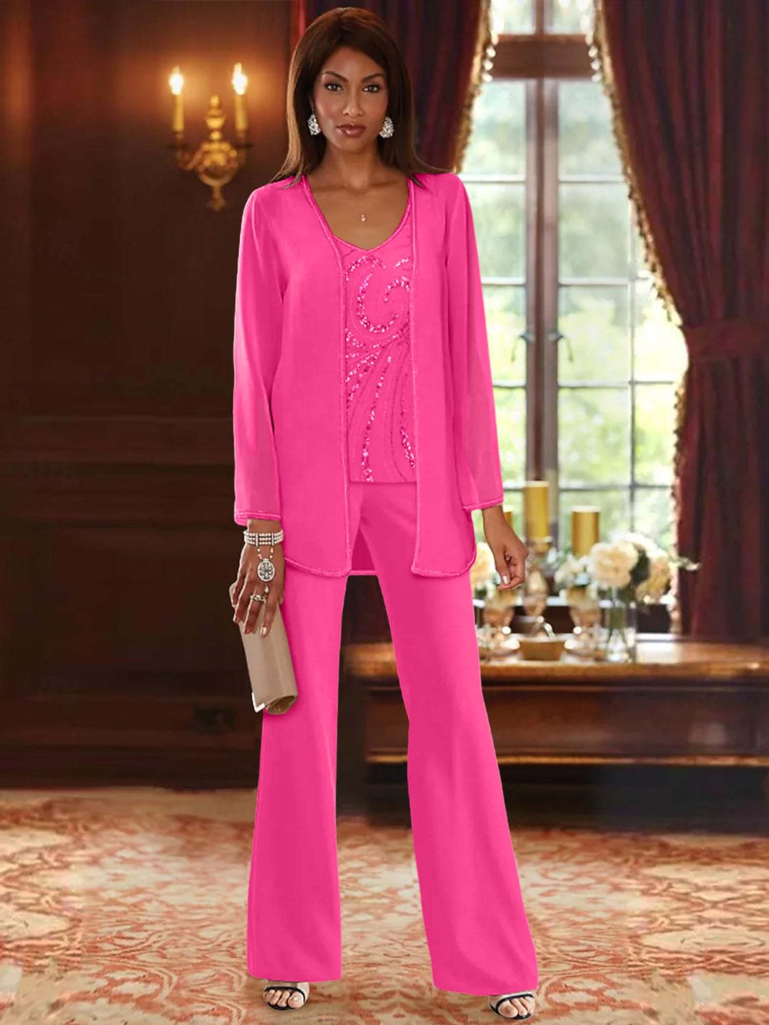 Floor-Length V-Neck Chiffon Pantsuits with Jacket & Sequins for the Mother of the Bride