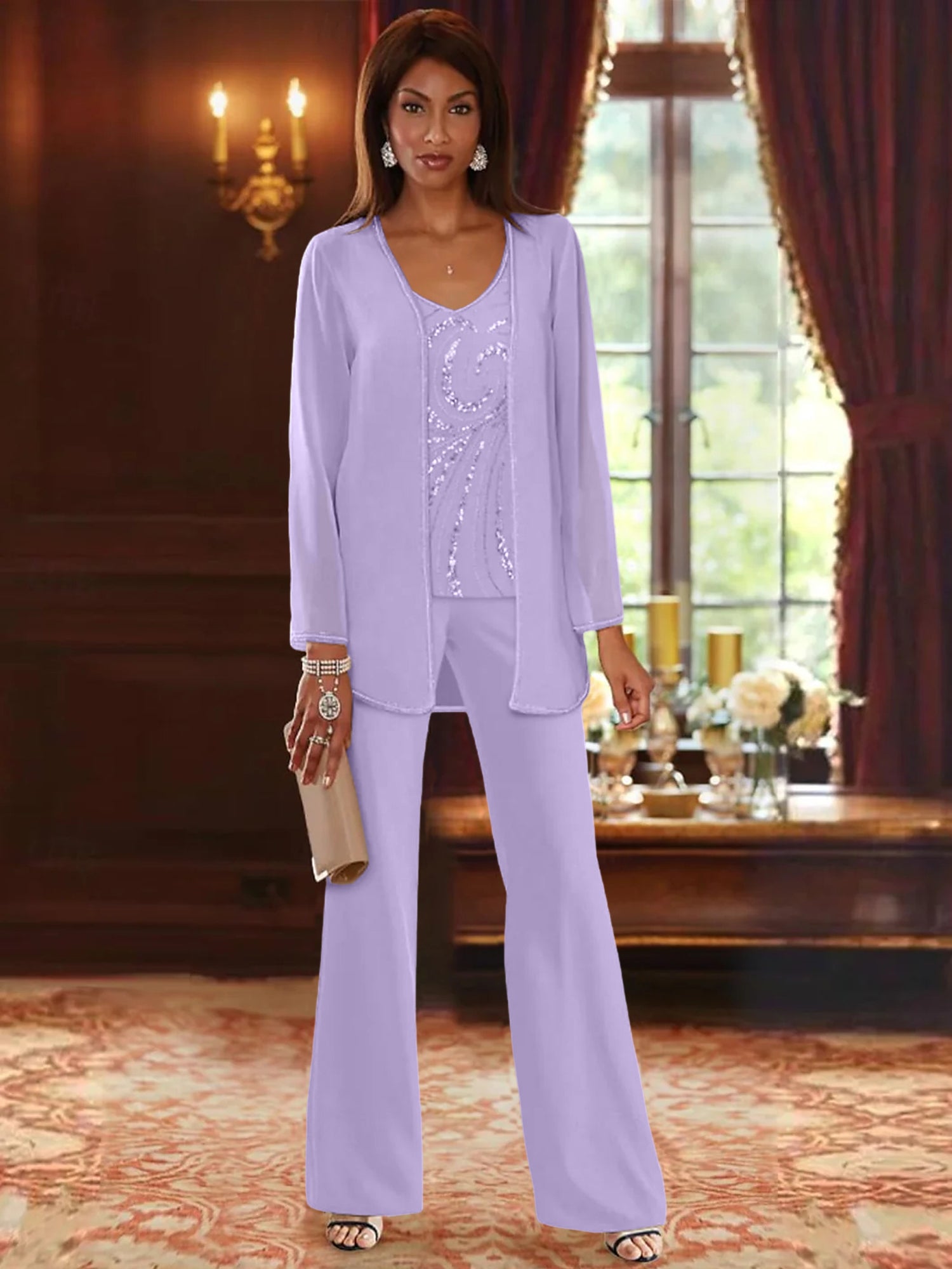 Floor-Length V-Neck Chiffon Pantsuits with Jacket & Sequins for the Mother of the Bride