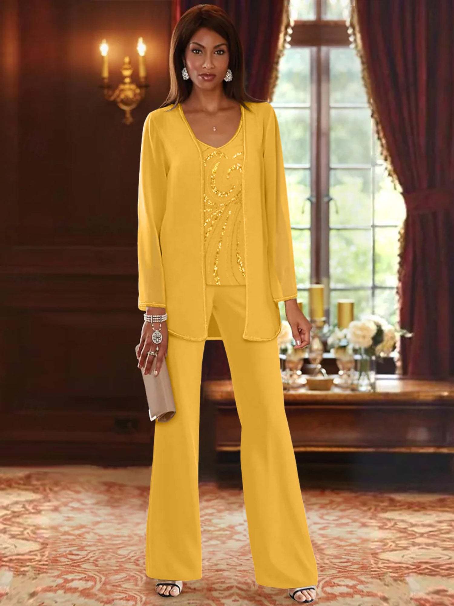 Floor-Length V-Neck Chiffon Pantsuits with Jacket & Sequins for the Mother of the Bride