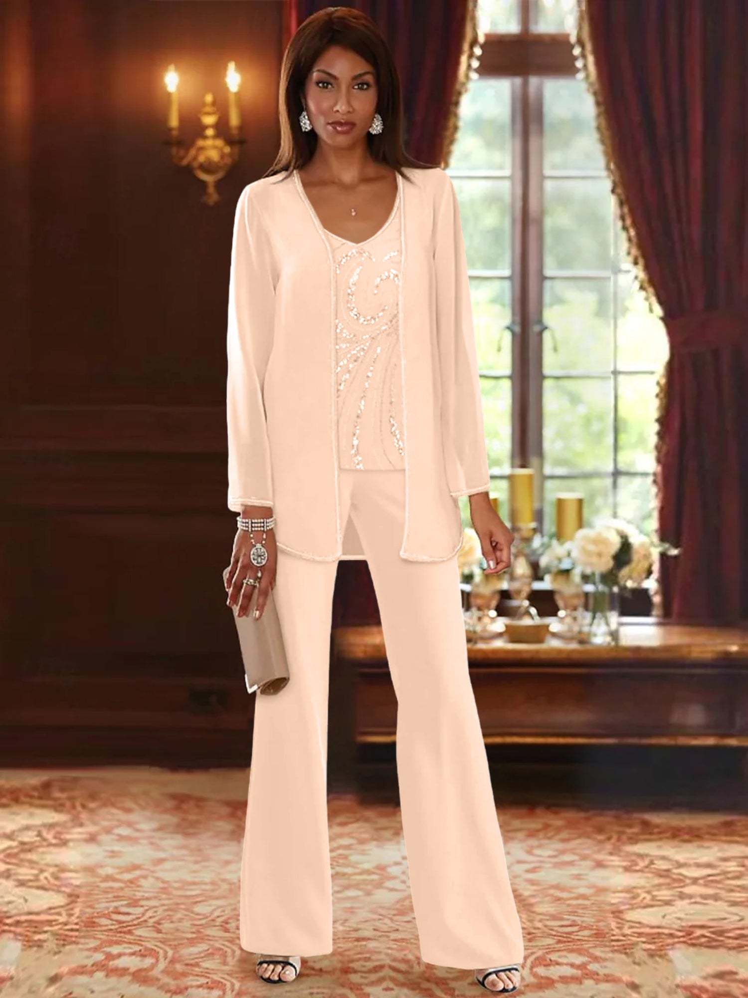 Floor-Length V-Neck Chiffon Pantsuits with Jacket & Sequins for the Mother of the Bride