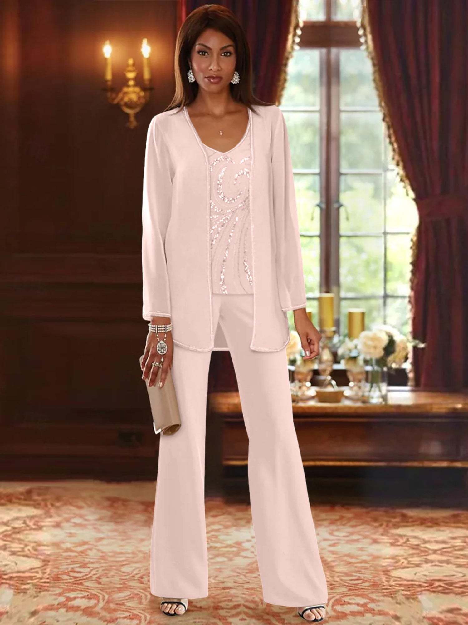 Floor-Length V-Neck Chiffon Pantsuits with Jacket & Sequins for the Mother of the Bride