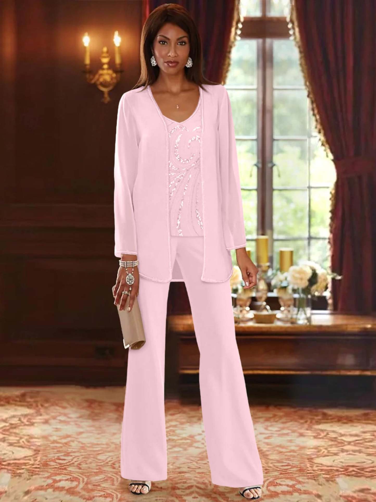 Floor-Length V-Neck Chiffon Pantsuits with Jacket & Sequins for the Mother of the Bride
