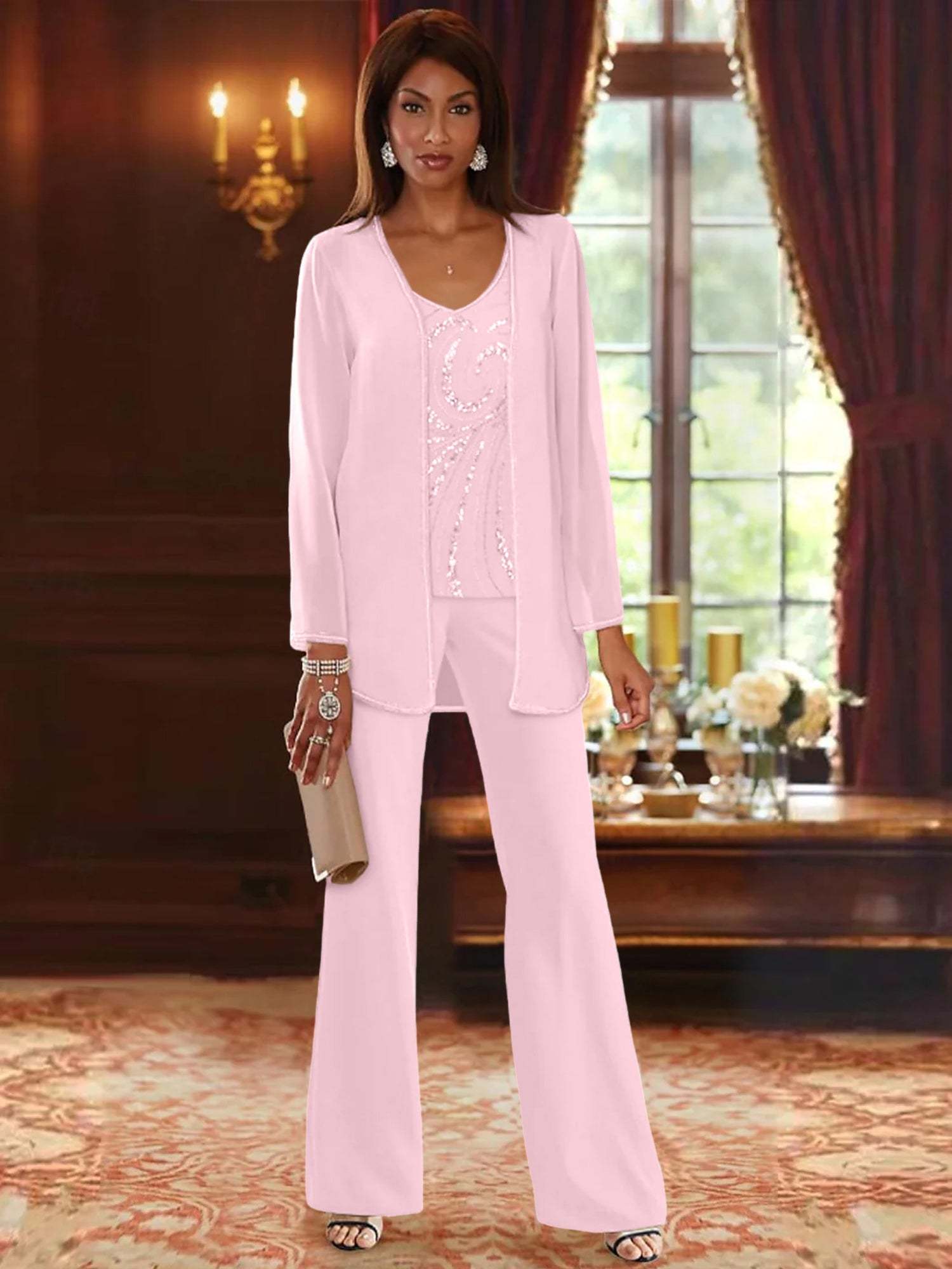 Floor-Length V-Neck Chiffon Pantsuits with Jacket & Sequins for the Mother of the Bride