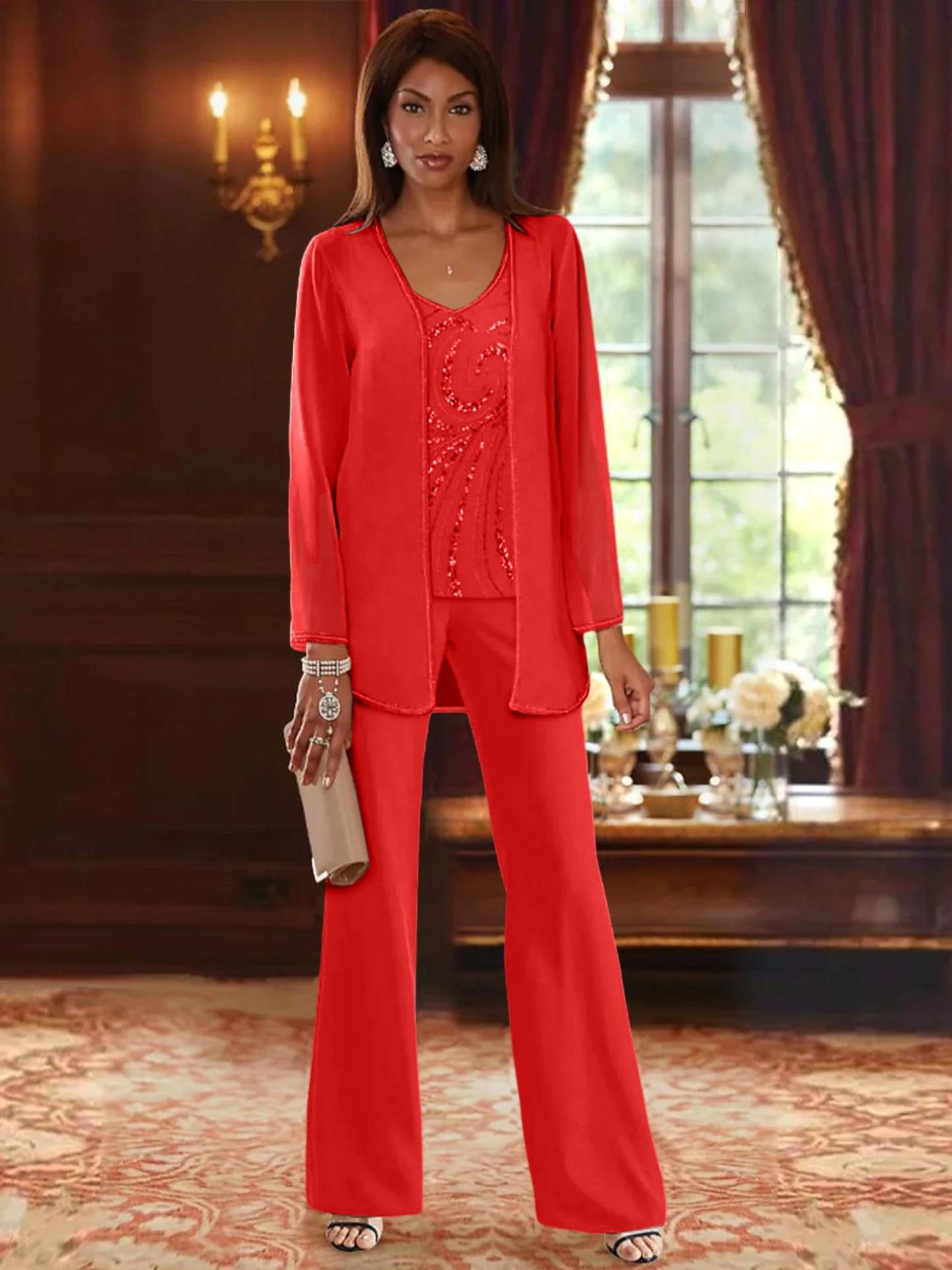 Floor-Length V-Neck Chiffon Pantsuits with Jacket & Sequins for the Mother of the Bride