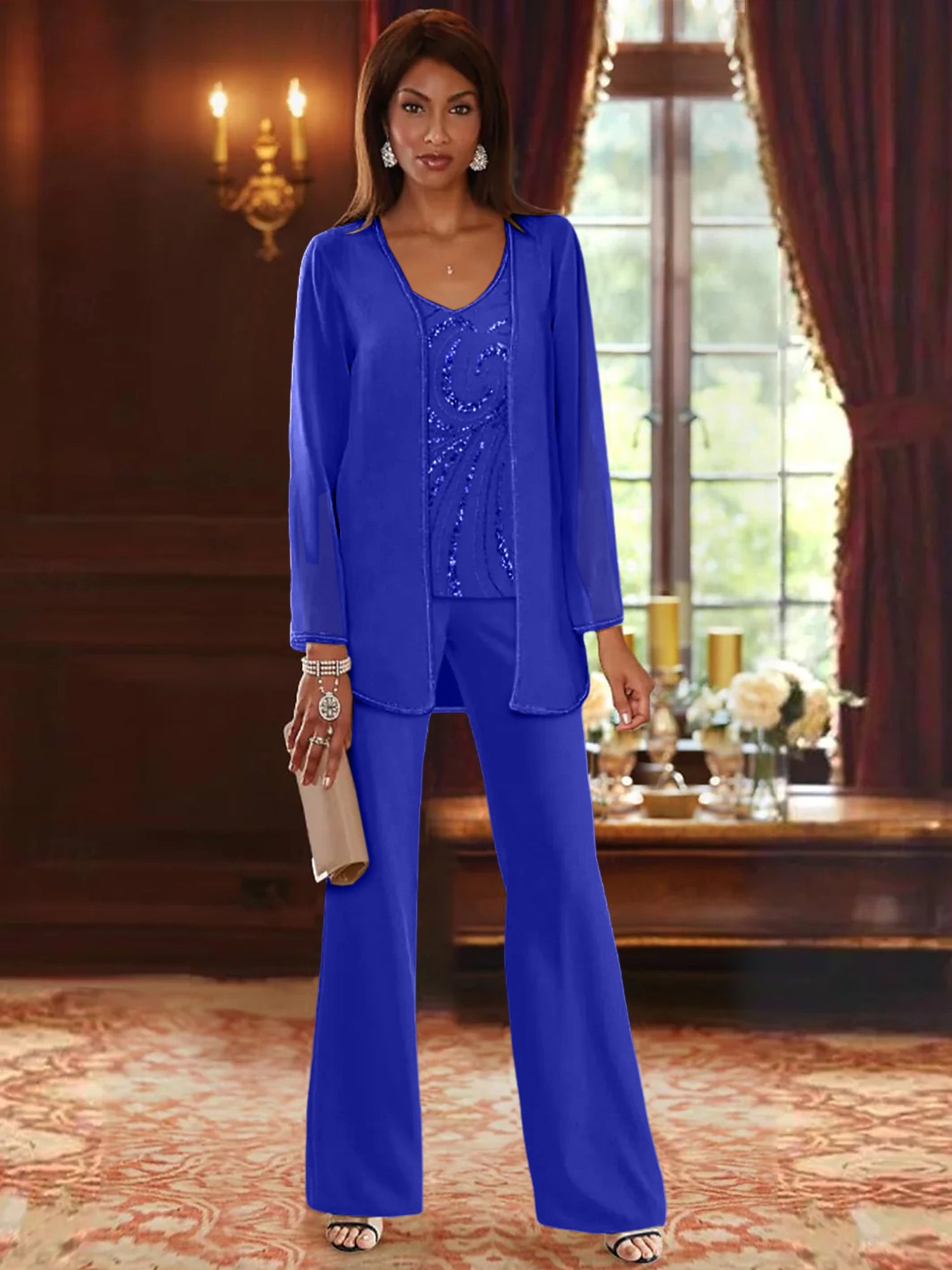 Floor-Length V-Neck Chiffon Pantsuits with Jacket & Sequins for the Mother of the Bride