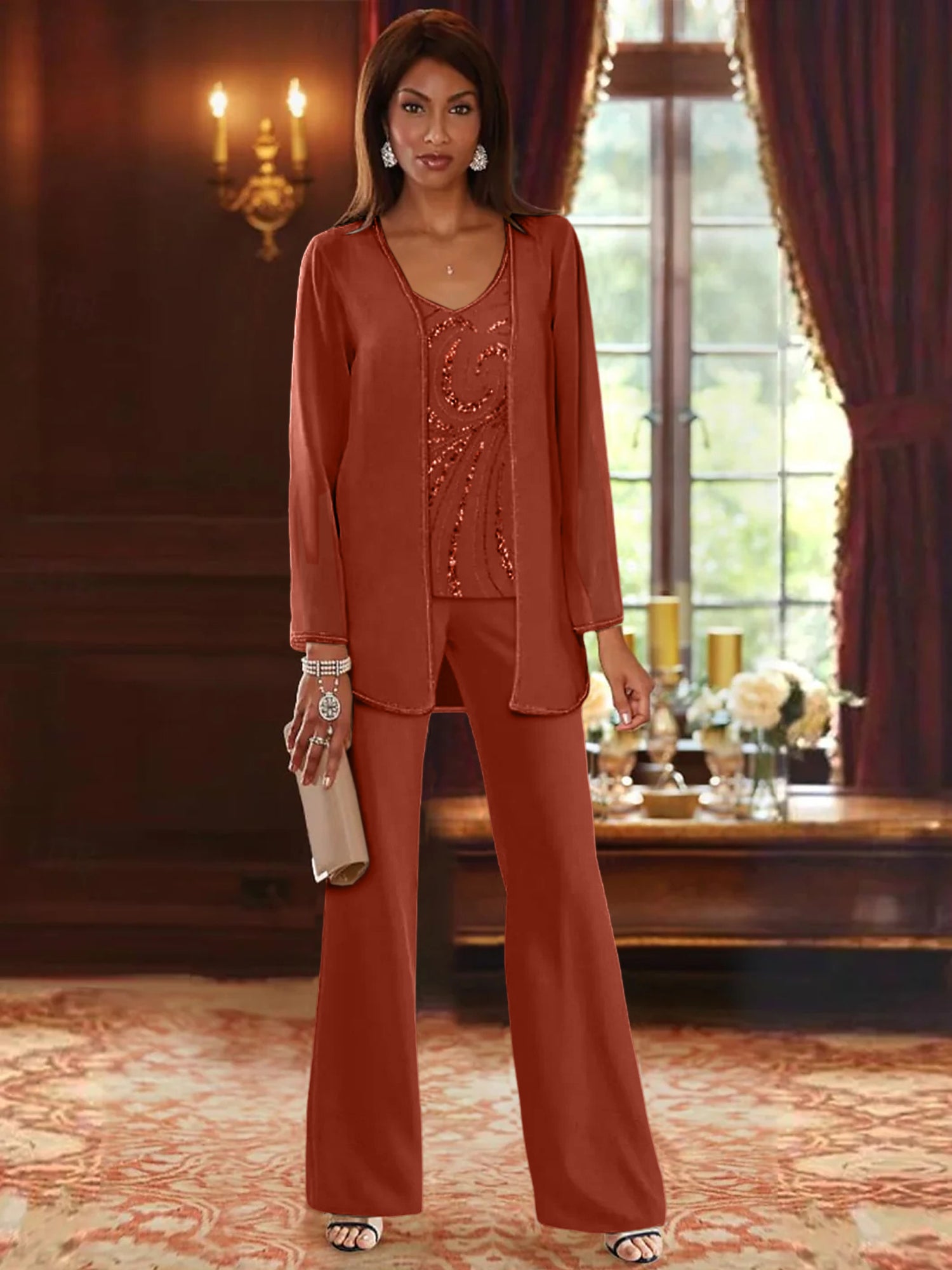 Floor-Length V-Neck Chiffon Pantsuits with Jacket & Sequins for the Mother of the Bride