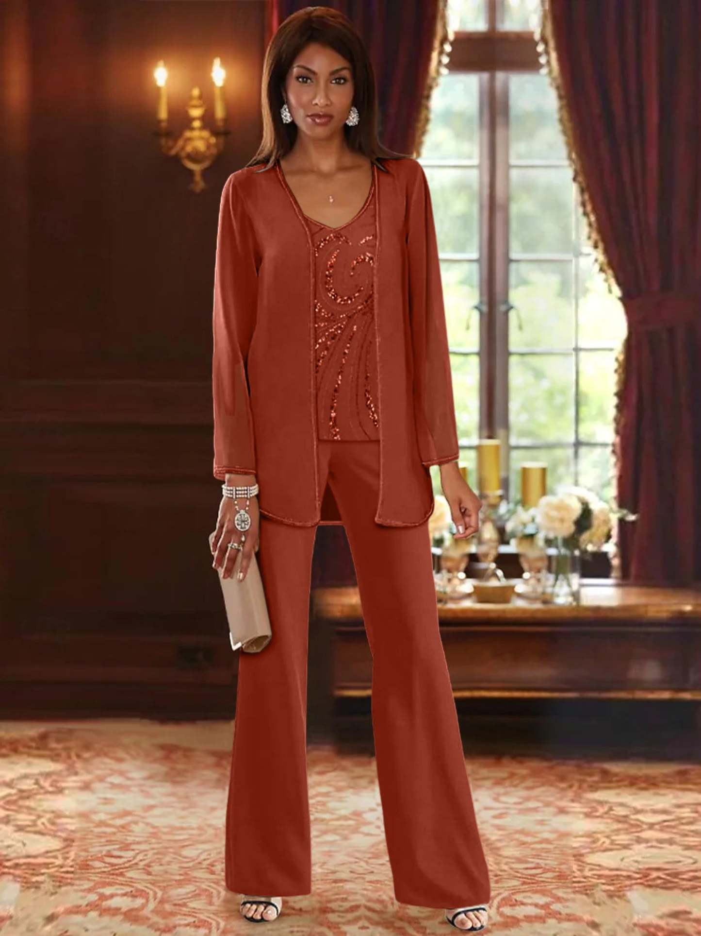 Floor-Length V-Neck Chiffon Pantsuits with Jacket & Sequins for the Mother of the Bride