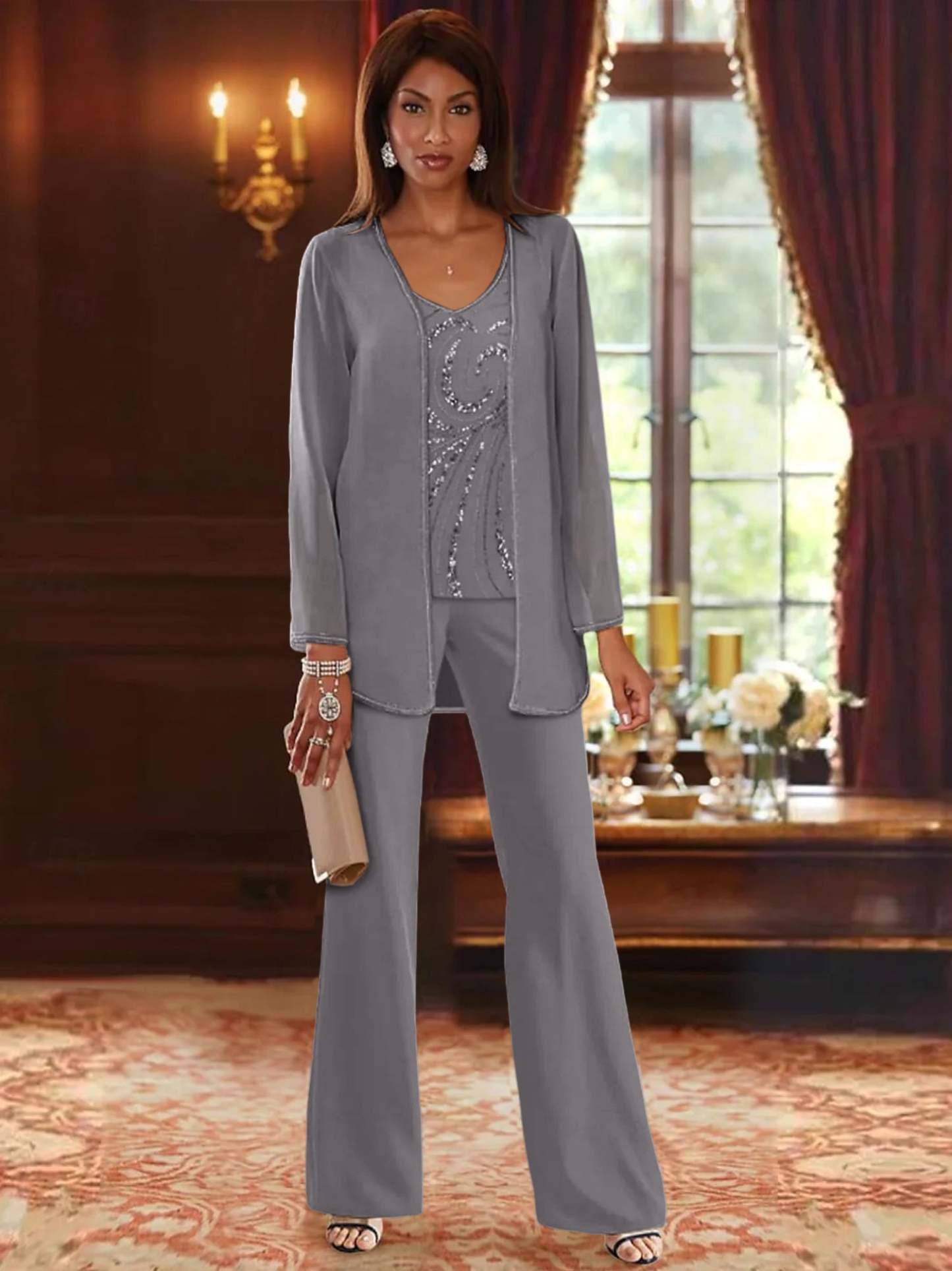 Floor-Length V-Neck Chiffon Pantsuits with Jacket & Sequins for the Mother of the Bride