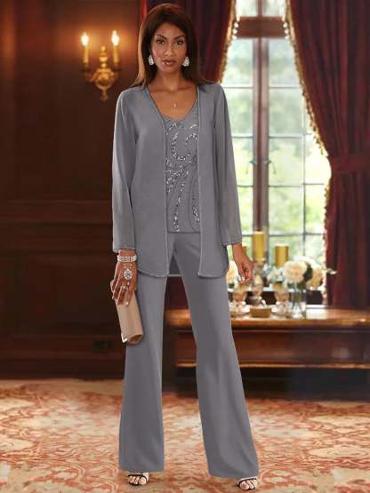 Floor-Length V-Neck Chiffon Pantsuits with Jacket & Sequins for the Mother of the Bride