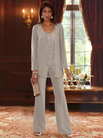 Floor-Length V-Neck Chiffon Pantsuits with Jacket & Sequins for the Mother of the Bride