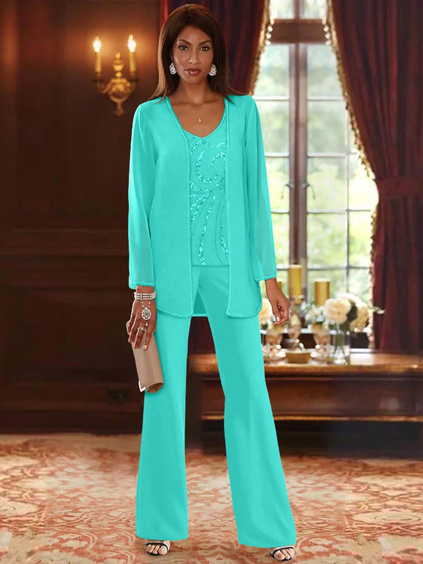 Floor-Length V-Neck Chiffon Pantsuits with Jacket & Sequins for the Mother of the Bride