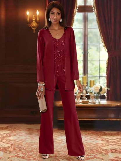 Floor-Length V-Neck Chiffon Pantsuits with Jacket & Sequins for the Mother of the Bride
