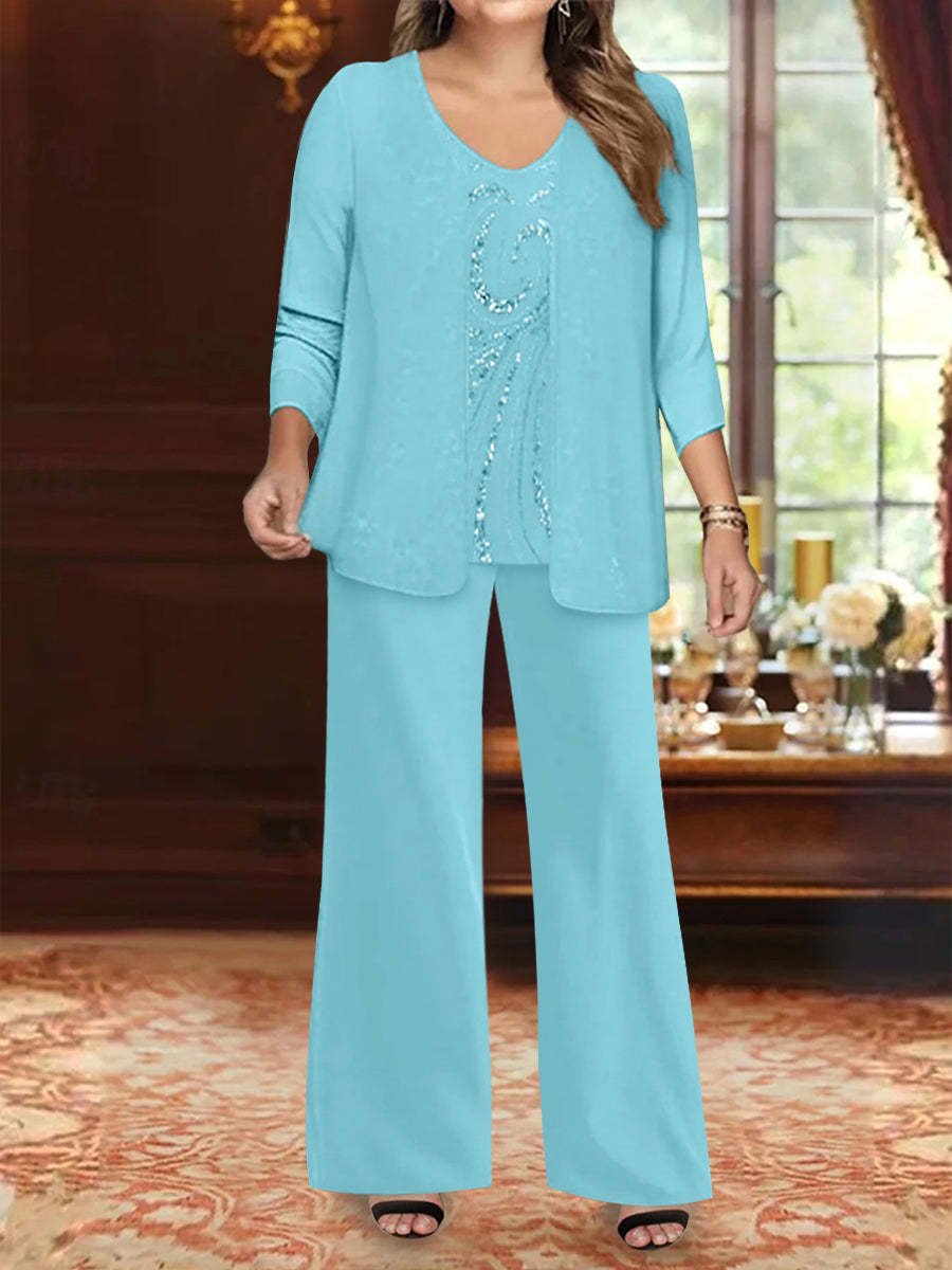 Plus Size 3-Piece Mother of the Bride Chiffon Pantsuit with V-Neck Floor-Length Jacket & Sequins