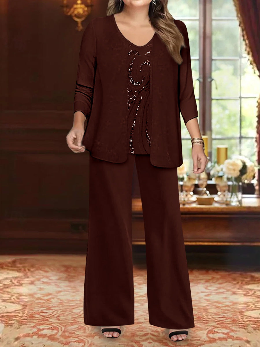 Plus Size 3-Piece Mother of the Bride Chiffon Pantsuit with V-Neck Floor-Length Jacket & Sequins