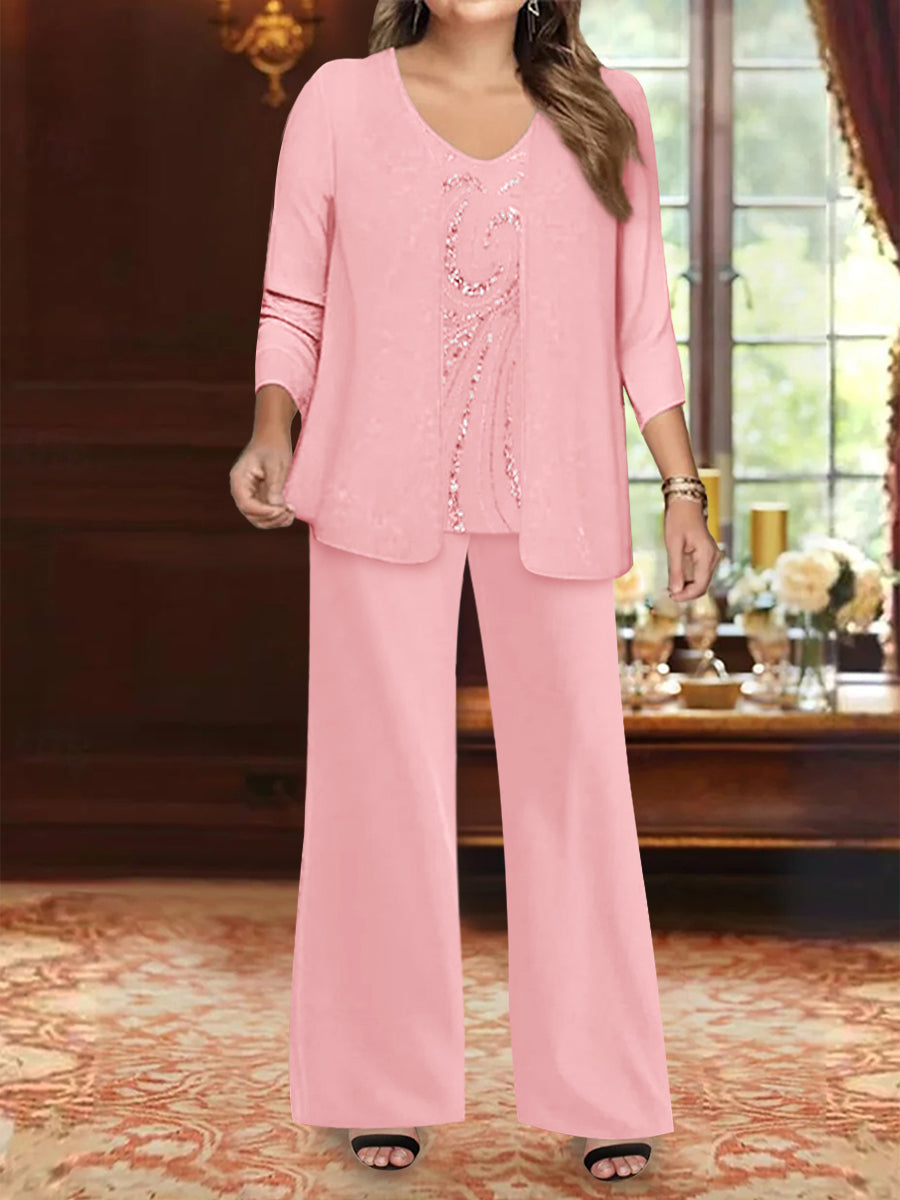 Plus Size 3-Piece Mother of the Bride Chiffon Pantsuit with V-Neck Floor-Length Jacket & Sequins