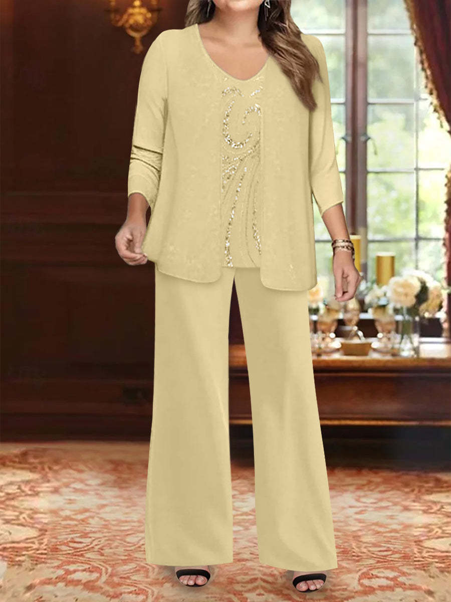 Plus Size 3-Piece Mother of the Bride Chiffon Pantsuit with V-Neck Floor-Length Jacket & Sequins