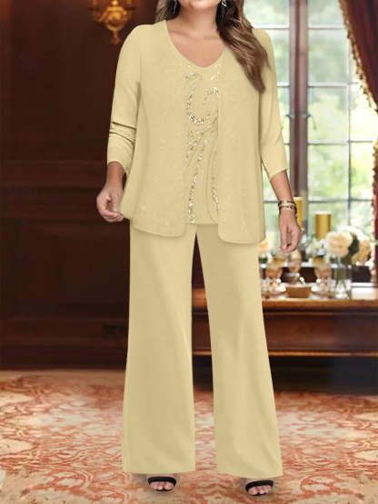 Plus Size 3-Piece Mother of the Bride Chiffon Pantsuit with V-Neck Floor-Length Jacket & Sequins