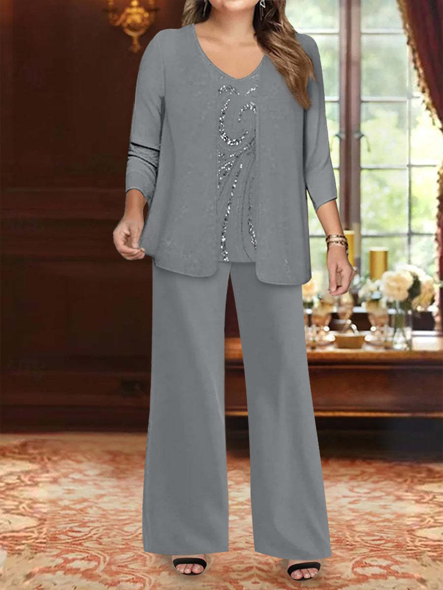 Plus Size 3-Piece Mother of the Bride Chiffon Pantsuit with V-Neck Floor-Length Jacket & Sequins