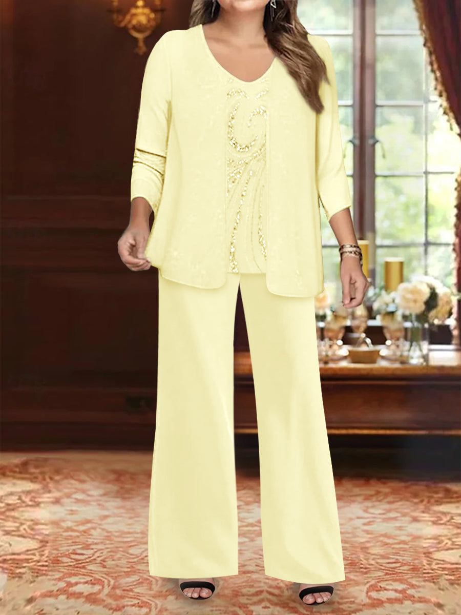 Plus Size 3-Piece Mother of the Bride Chiffon Pantsuit with V-Neck Floor-Length Jacket & Sequins