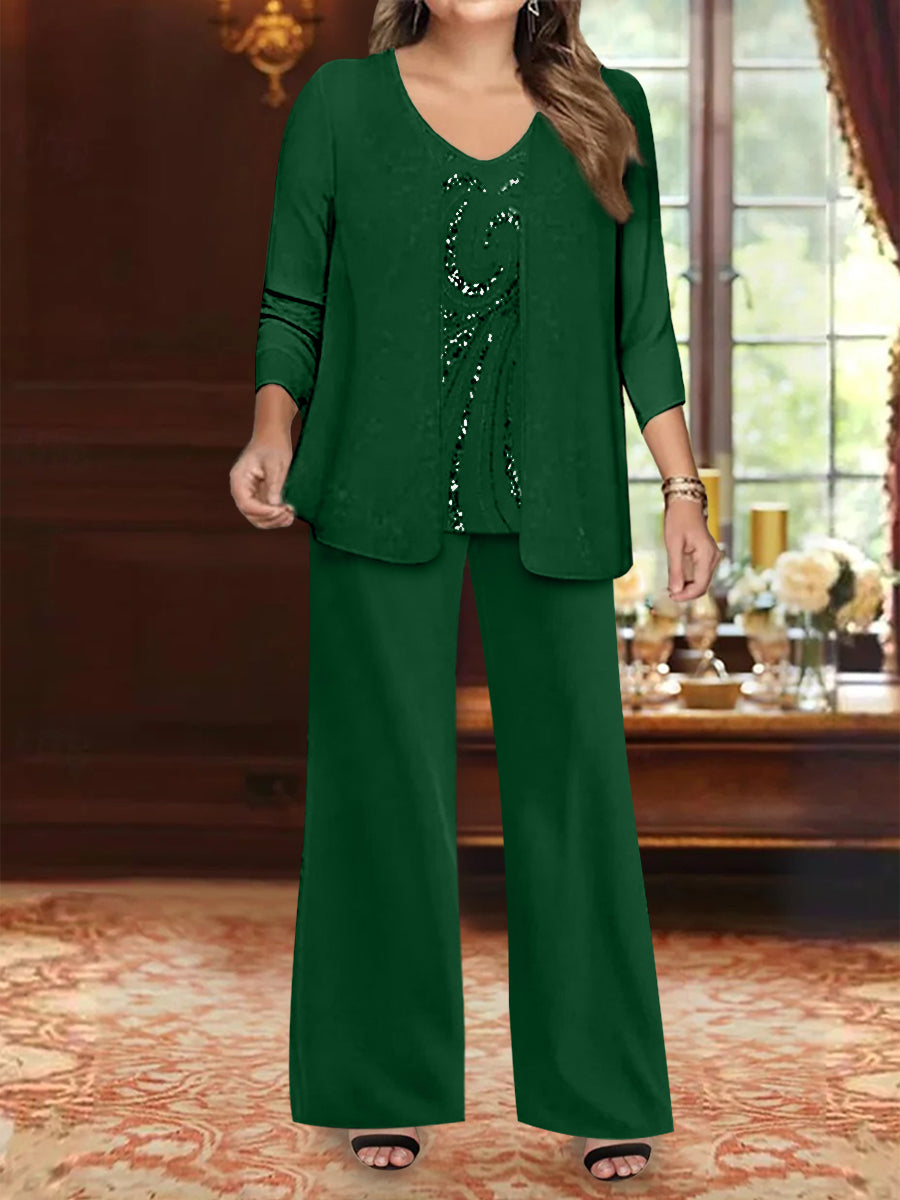 Plus Size 3-Piece Mother of the Bride Chiffon Pantsuit with V-Neck Floor-Length Jacket & Sequins