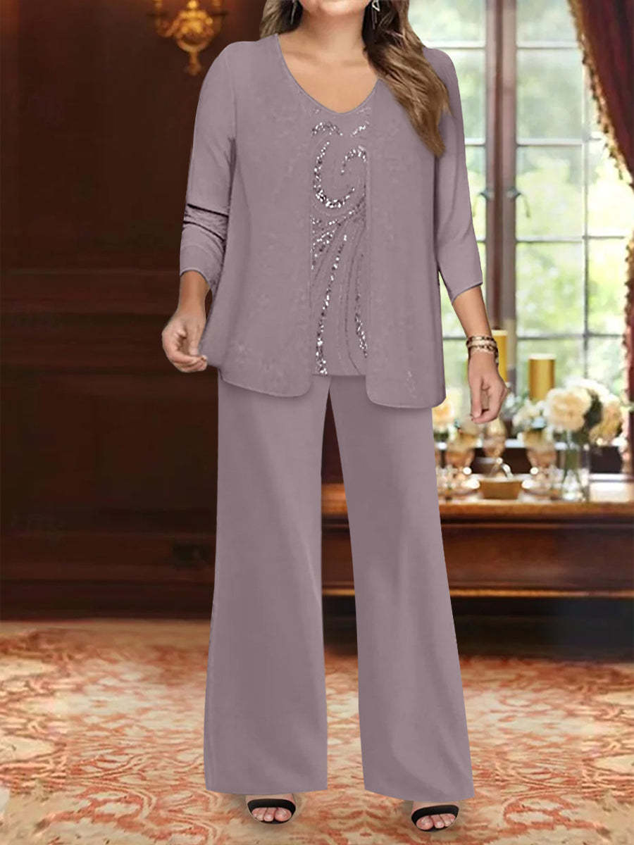 Plus Size 3-Piece Mother of the Bride Chiffon Pantsuit with V-Neck Floor-Length Jacket & Sequins