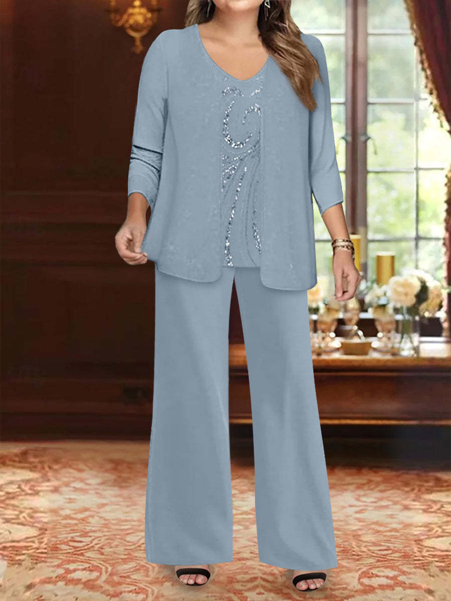 Plus Size 3-Piece Mother of the Bride Chiffon Pantsuit with V-Neck Floor-Length Jacket & Sequins