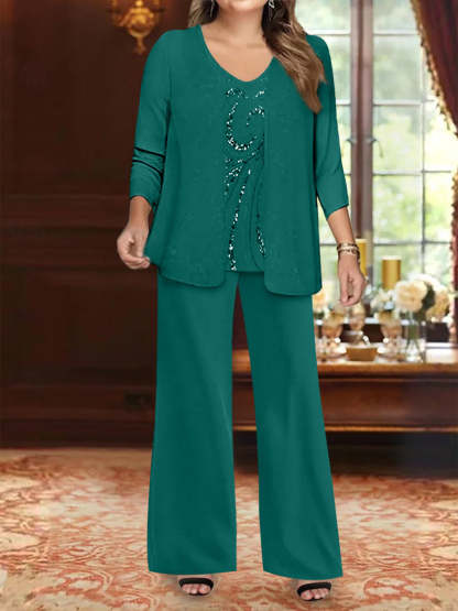 Plus Size 3-Piece Mother of the Bride Chiffon Pantsuit with V-Neck Floor-Length Jacket & Sequins