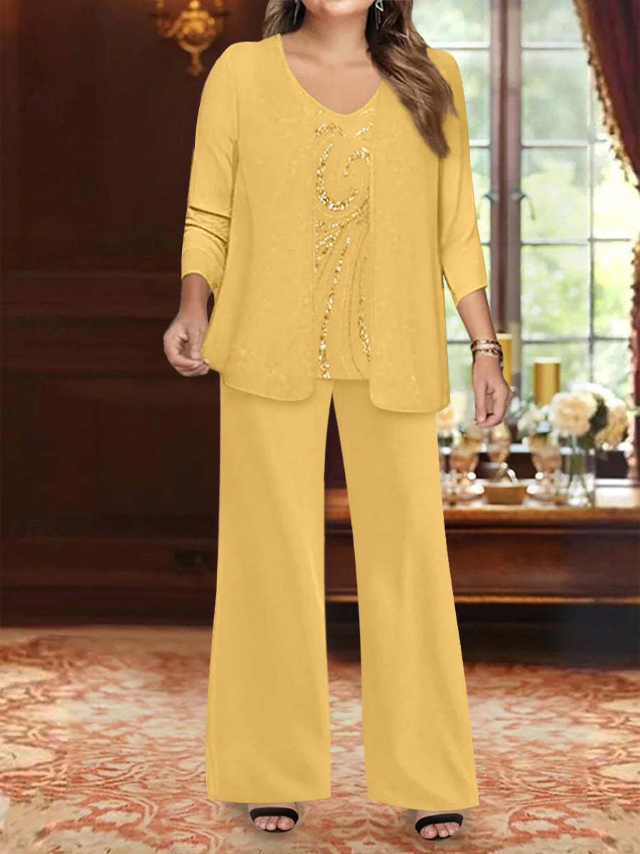 Plus Size 3-Piece Mother of the Bride Chiffon Pantsuit with V-Neck Floor-Length Jacket & Sequins