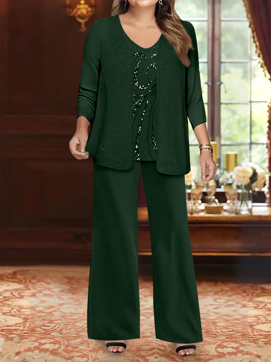Plus Size 3-Piece Mother of the Bride Chiffon Pantsuit with V-Neck Floor-Length Jacket & Sequins