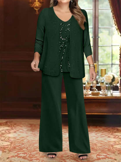 Plus Size 3-Piece Mother of the Bride Chiffon Pantsuit with V-Neck Floor-Length Jacket & Sequins