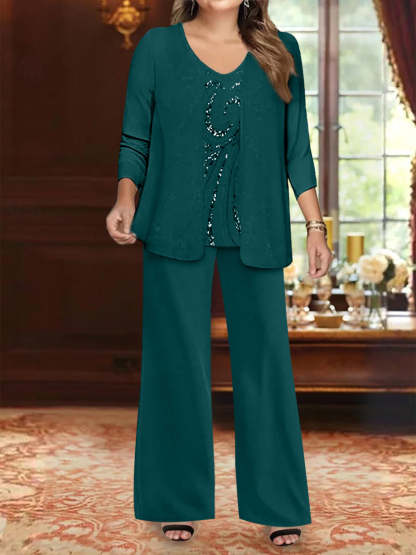 Plus Size 3-Piece Mother of the Bride Chiffon Pantsuit with V-Neck Floor-Length Jacket & Sequins
