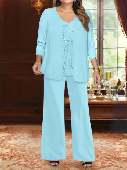 Plus Size 3-Piece Mother of the Bride Chiffon Pantsuit with V-Neck Floor-Length Jacket & Sequins