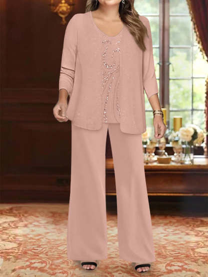 Plus Size 3-Piece Mother of the Bride Chiffon Pantsuit with V-Neck Floor-Length Jacket & Sequins