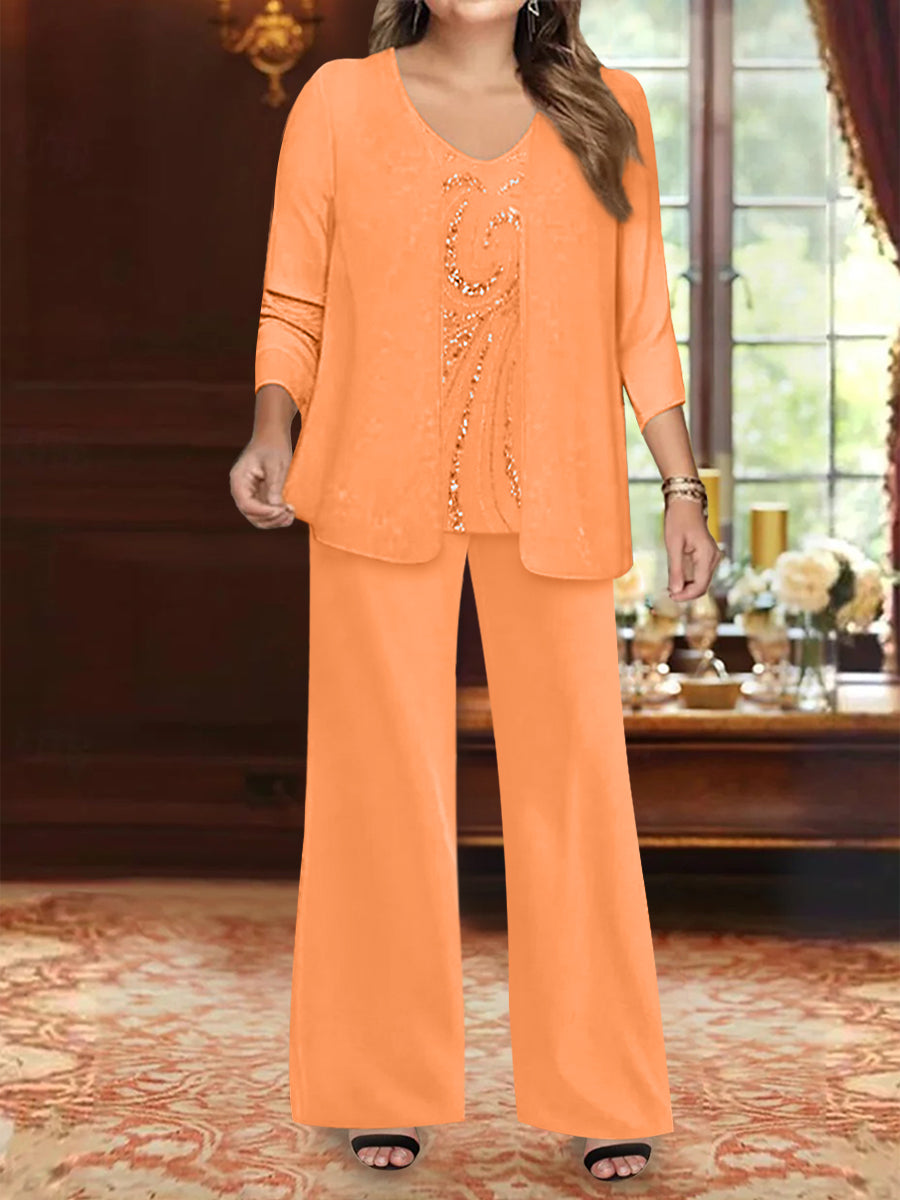 Plus Size 3-Piece Mother of the Bride Chiffon Pantsuit with V-Neck Floor-Length Jacket & Sequins