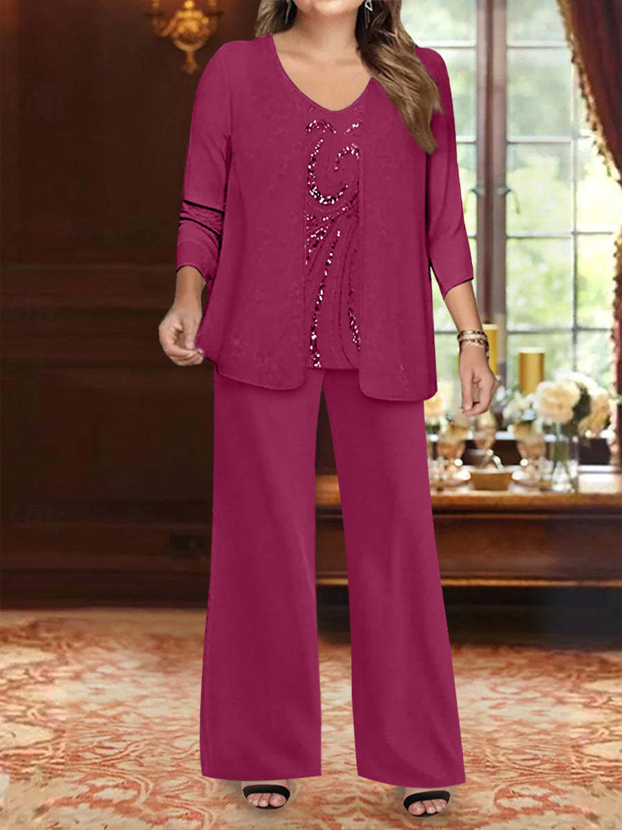 Plus Size 3-Piece Mother of the Bride Chiffon Pantsuit with V-Neck Floor-Length Jacket & Sequins