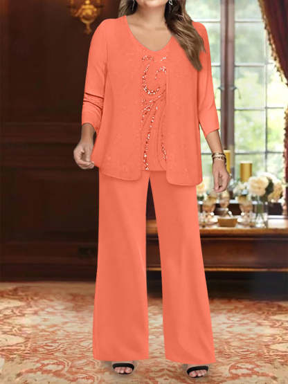 Plus Size 3-Piece Mother of the Bride Chiffon Pantsuit with V-Neck Floor-Length Jacket & Sequins