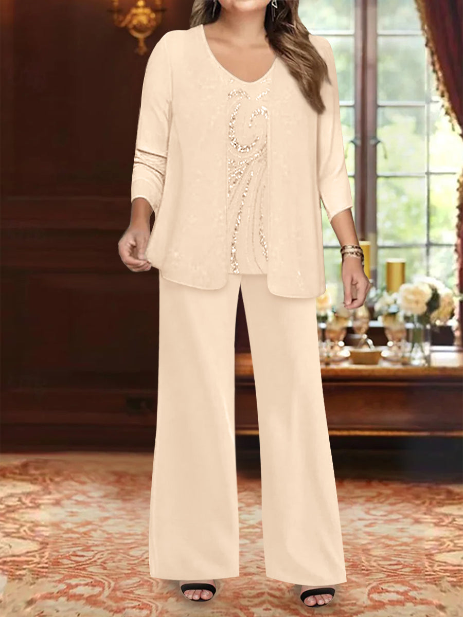 Plus Size 3-Piece Mother of the Bride Chiffon Pantsuit with V-Neck Floor-Length Jacket & Sequins